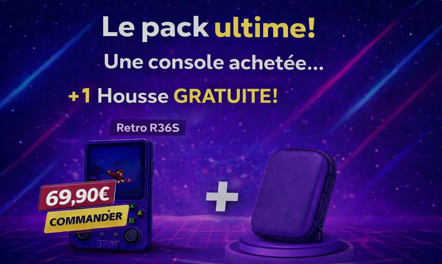 Pack rétro gaming Level One avec console portable Retro R36S, projecteur Galaxy offert et housse de protection gratuite, promotion à 69,90 €, univers gaming rétro et nostalgique.