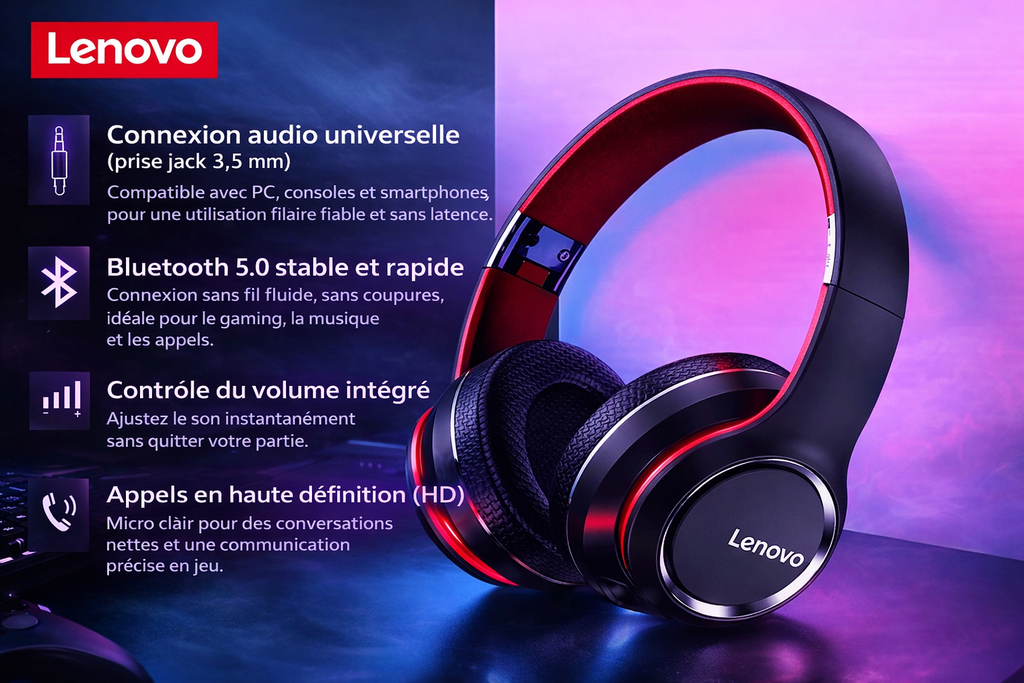 Casque gaming Lenovo HD200 Bluetooth rouge avec basses profondes et autonomie jusqu’à 20 heures