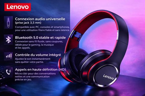 Casque gaming Lenovo HD200 Bluetooth rouge avec basses profondes et autonomie jusqu’à 20 heures