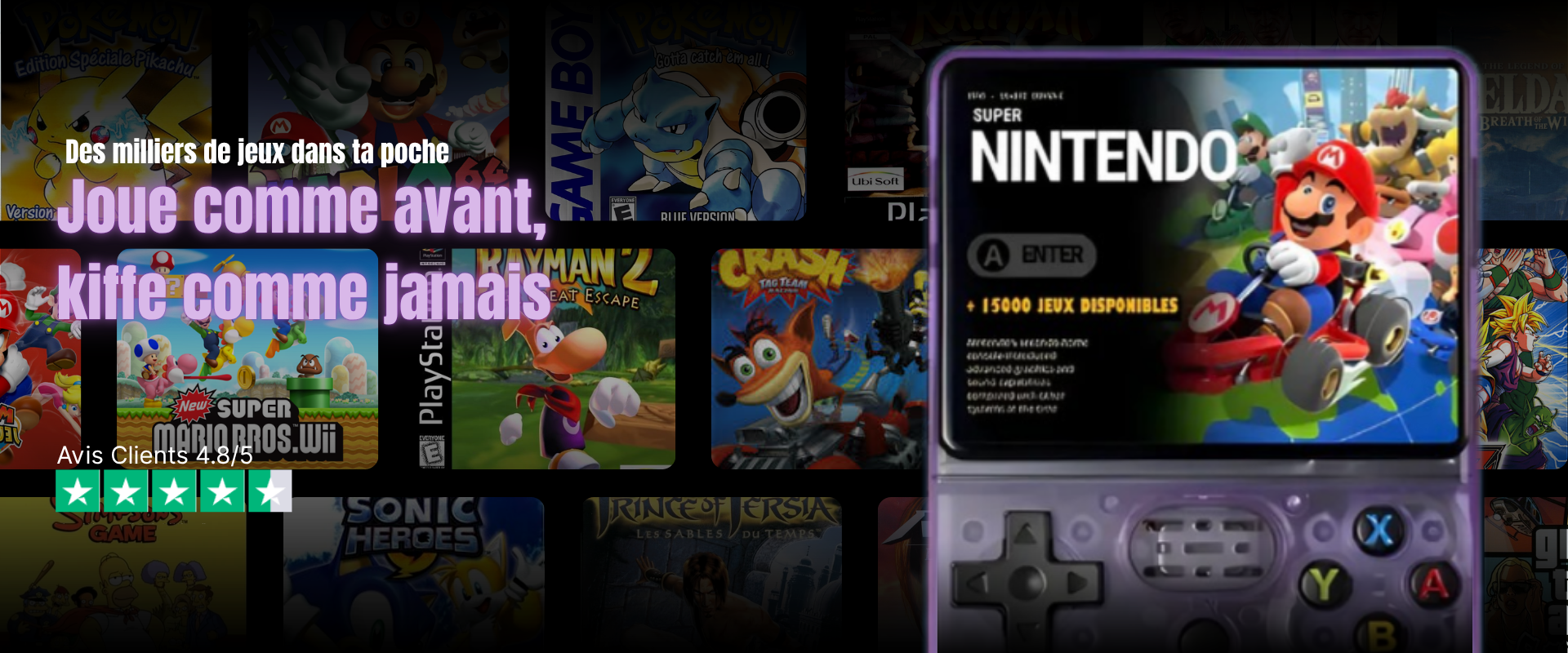 Console rétro R36S, console portable transparente avec écran HD et émulation multi-jeux, présentée sur la page d’accueil du site.