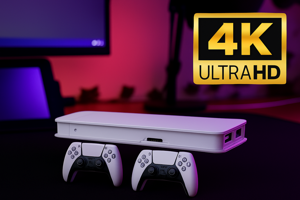 Game Stick 4K Ultra HD, console de jeu HDMI plug and play avec deux manettes sans fil, émulation multi-plateformes (PS1, PSP, N64, GBA, arcade), plus de 10 000 jeux rétro intégrés, compatible TV 4K, box Android et projecteurs. Design compact, installation rapide et expérience gaming fluide. Level one 