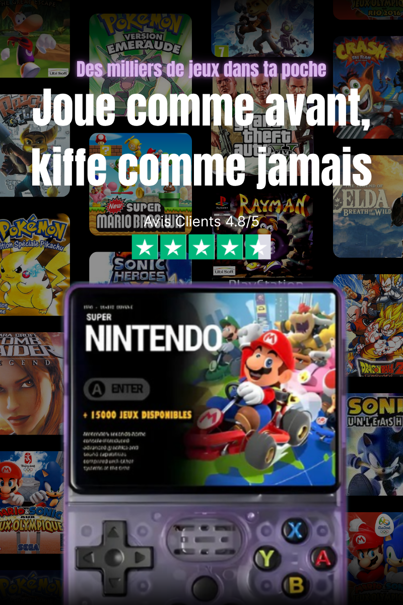 Console rétro R36S, console portable transparente avec écran HD et émulation multi-jeux, présentée sur la page d’accueil du site.