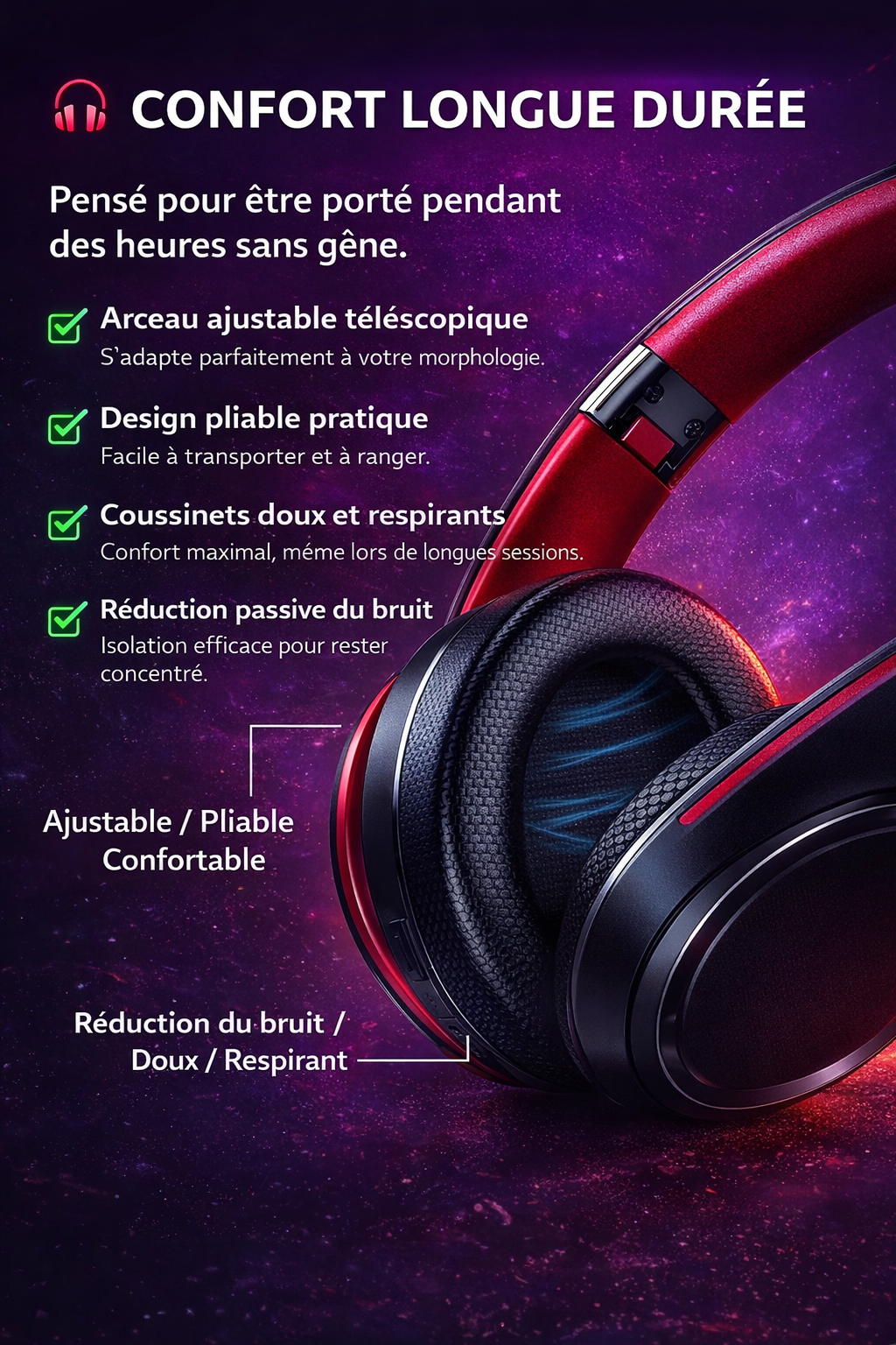 Casque Lenovo HD200 sans fil Bluetooth avec son clair, confort longue durée et connexion stable