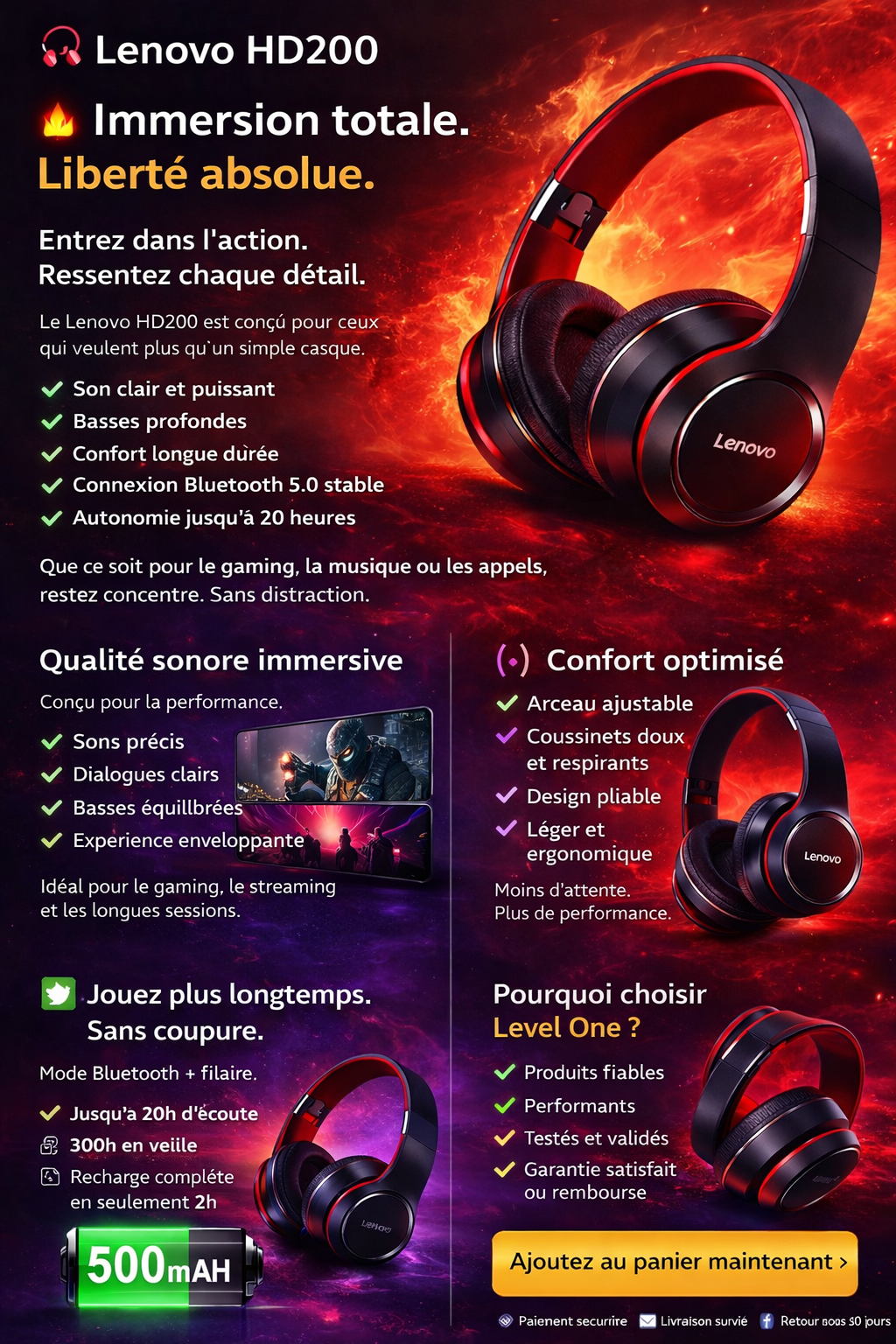 Casque Lenovo HD200 noir posé sur bureau gaming avec manette, souris et éclairage LED