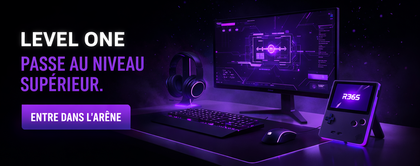 Bannière gaming Level One violet néon avec casque audio, écran et console rétro R36S
