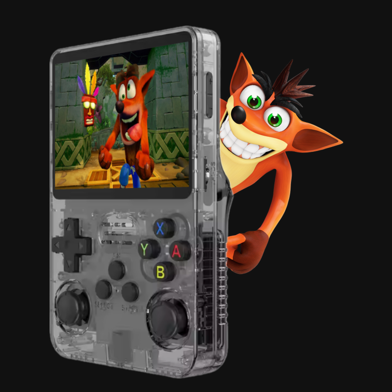 Console rétro portable R36 transparente rouge, écran HD haute résolution, double joystick analogique, boutons XYAB, compatibilité multi-émulateurs (PS1, PSP, N64, GBA, SNES, Megadrive), plus de 10 000 jeux classiques intégrés, console de jeu portable performante pour retrogaming, design transparent, ergonomique et puissant. LEVEL ONE