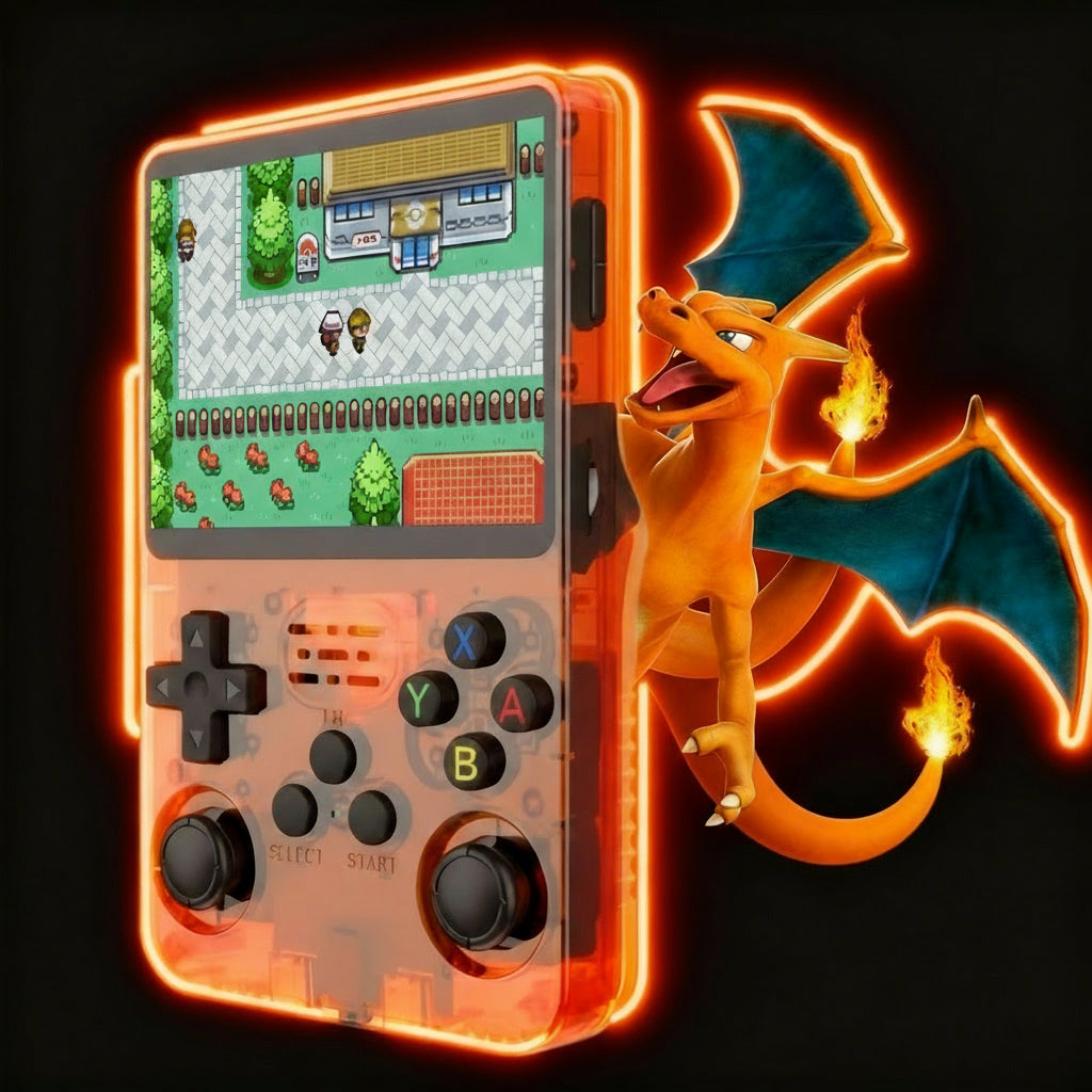 Console rétro portable R36 transparente rouge, écran HD haute résolution, double joystick analogique, boutons XYAB, compatibilité multi-émulateurs (PS1, PSP, N64, GBA, SNES, Megadrive), plus de 10 000 jeux classiques intégrés, console de jeu portable performante pour retrogaming, design transparent, ergonomique et puissant. LEVEL ONE 