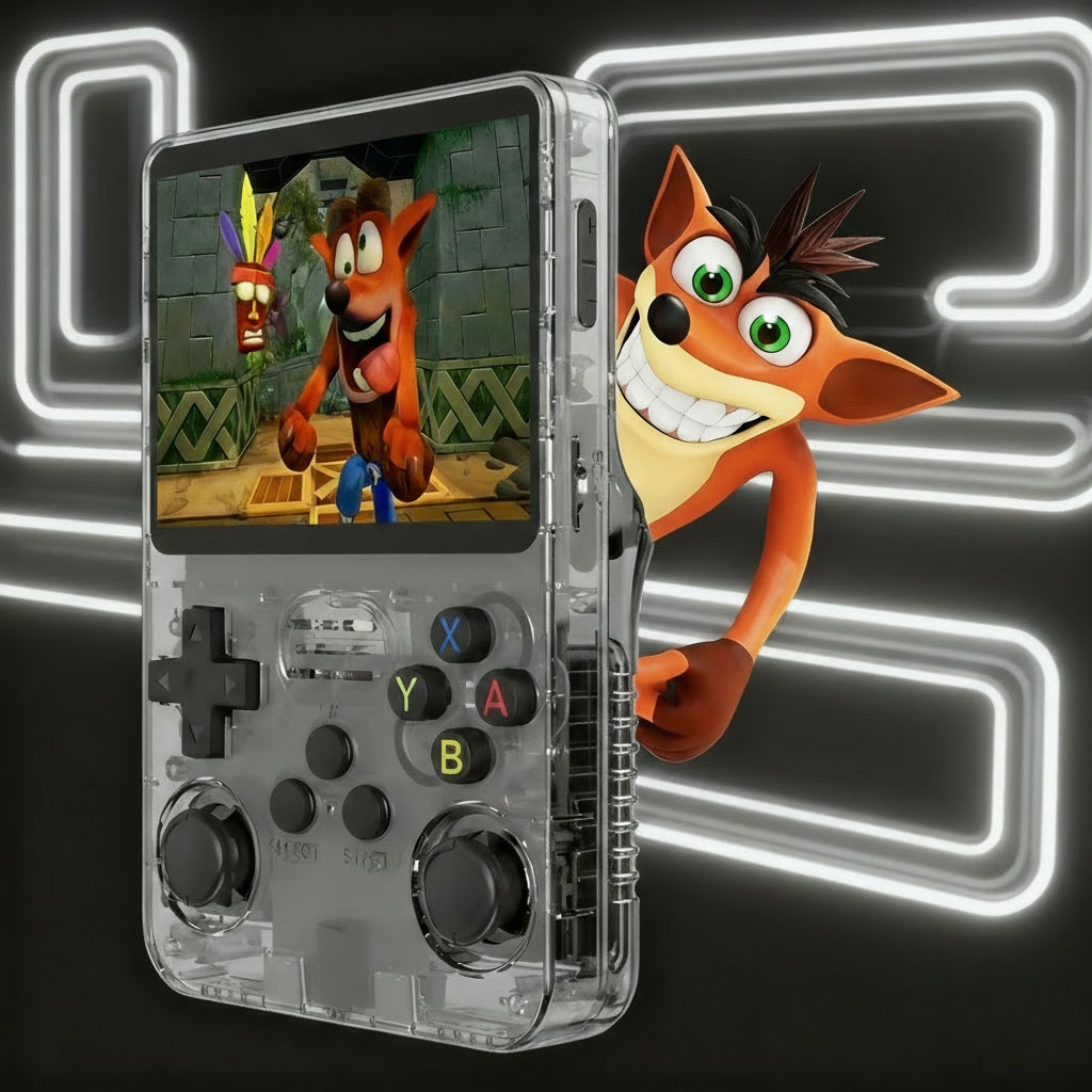 Console rétro portable R36 transparente rouge, écran HD haute résolution, double joystick analogique, boutons XYAB, compatibilité multi-émulateurs (PS1, PSP, N64, GBA, SNES, Megadrive), plus de 10 000 jeux classiques intégrés, console de jeu portable performante pour retrogaming, design transparent, ergonomique et puissant. LEVEL ONE