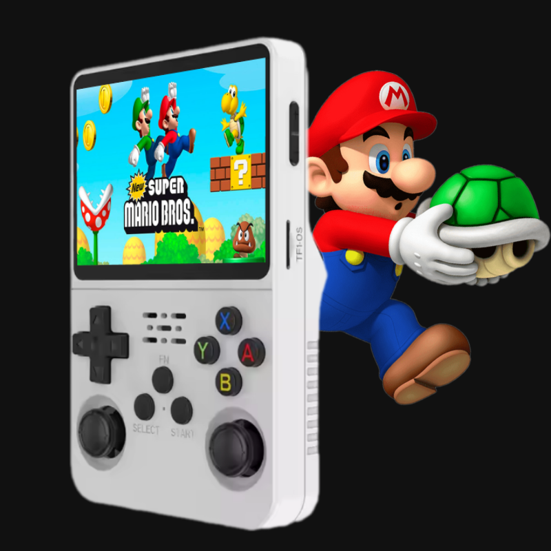 Console rétro portable R36 transparente rouge, écran HD haute résolution, double joystick analogique, boutons XYAB, compatibilité multi-émulateurs (PS1, PSP, N64, GBA, SNES, Megadrive), plus de 10 000 jeux classiques intégrés, console de jeu portable performante pour retrogaming, design transparent, ergonomique et puissant. LEVEL ONE