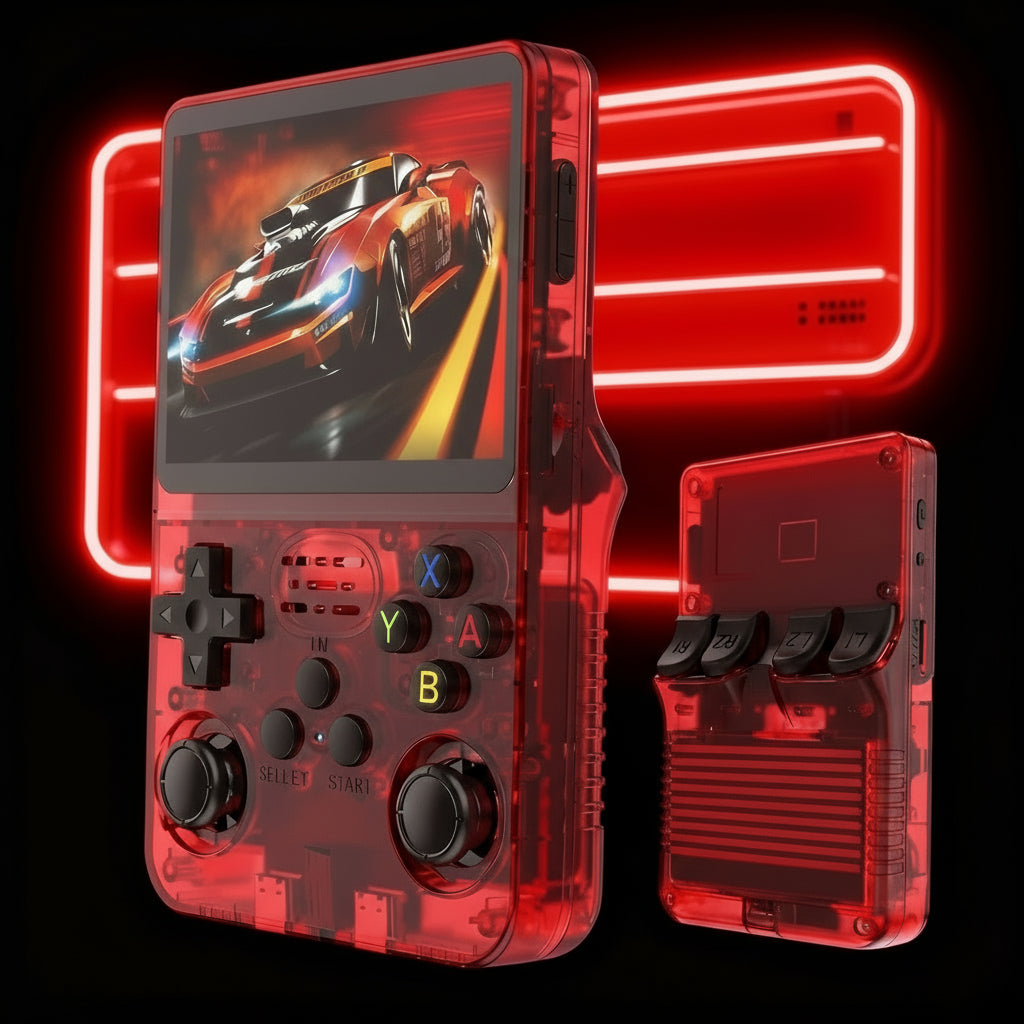 Console rétro portable R36 transparente rouge, écran HD haute résolution, double joystick analogique, boutons XYAB, compatibilité multi-émulateurs (PS1, PSP, N64, GBA, SNES, Megadrive), plus de 10 000 jeux classiques intégrés, console de jeu portable performante pour retrogaming, design transparent, ergonomique et puissant. LEVEL ONE