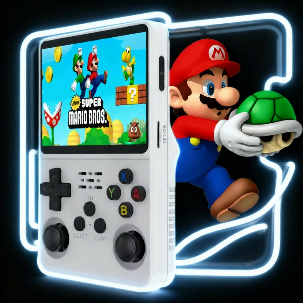 Console rétro portable R36 transparente rouge, écran HD haute résolution, double joystick analogique, boutons XYAB, compatibilité multi-émulateurs (PS1, PSP, N64, GBA, SNES, Megadrive), plus de 10 000 jeux classiques intégrés, console de jeu portable performante pour retrogaming, design transparent, ergonomique et puissant. LEVEL ONE