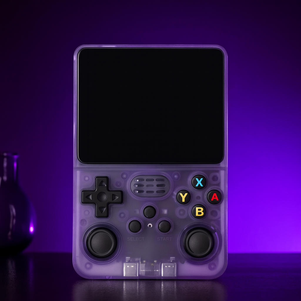 Console rétro portable violette – écran haute résolution, joystick double, design transparent – meilleure console rétro 2025. Level one 
